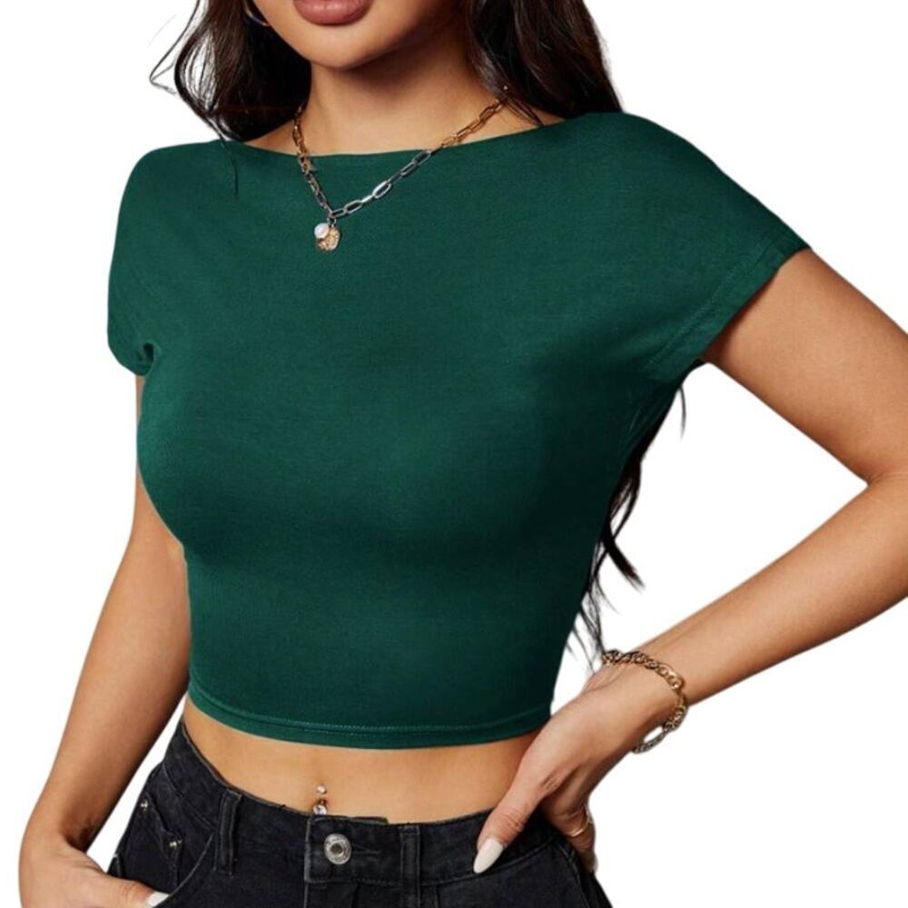 SHEIN Dark Green Short Sleeve Cropped Tee